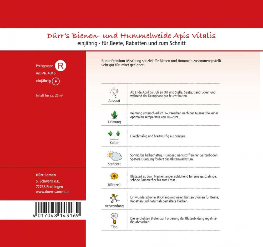 Bienen- Und Hummelweide Apis Vitalis 25 M² | Blumensamen Von Dürr Samen 1 Bienen- Und Hummelweide Apis Vitalis 25 M² | Blumensamen Von Dürr Samen