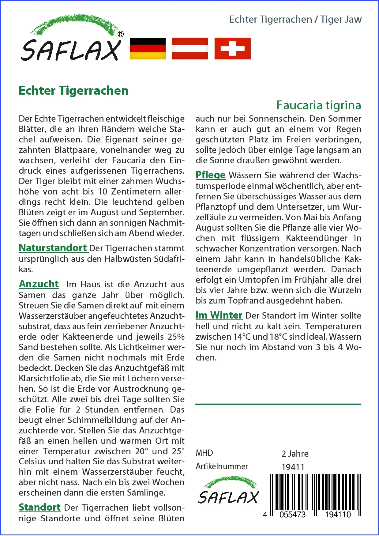 Kaktus Echter Tigerrachen | Kaktussamen Von Saflax 2 Kaktus Echter Tigerrachen | Kaktussamen Von Saflax – Bild 2